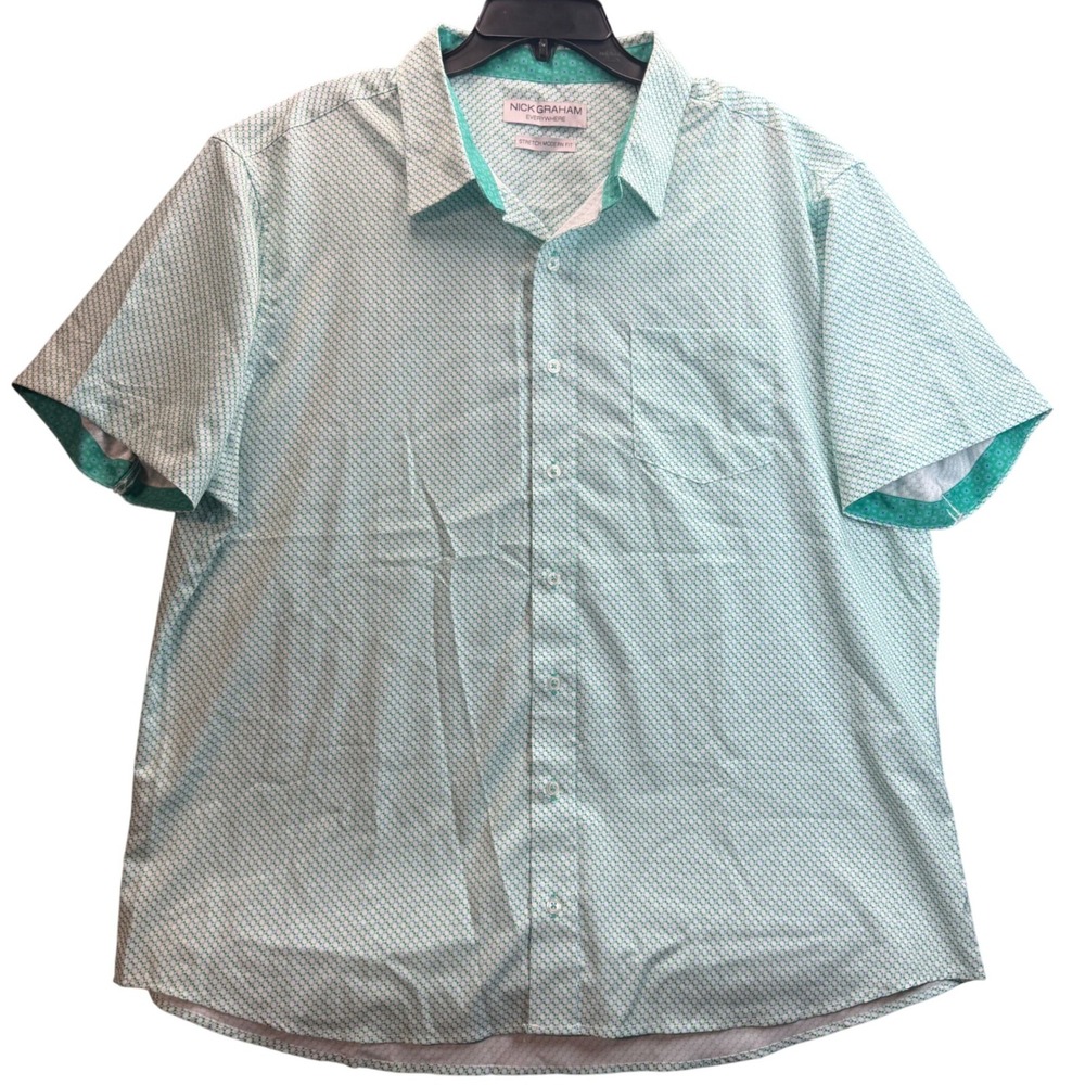 Nick Graham Button Down Shirt Mens 2X Green Geometric Dot Stretch Modern Fit Top